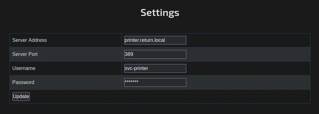 printer settings page